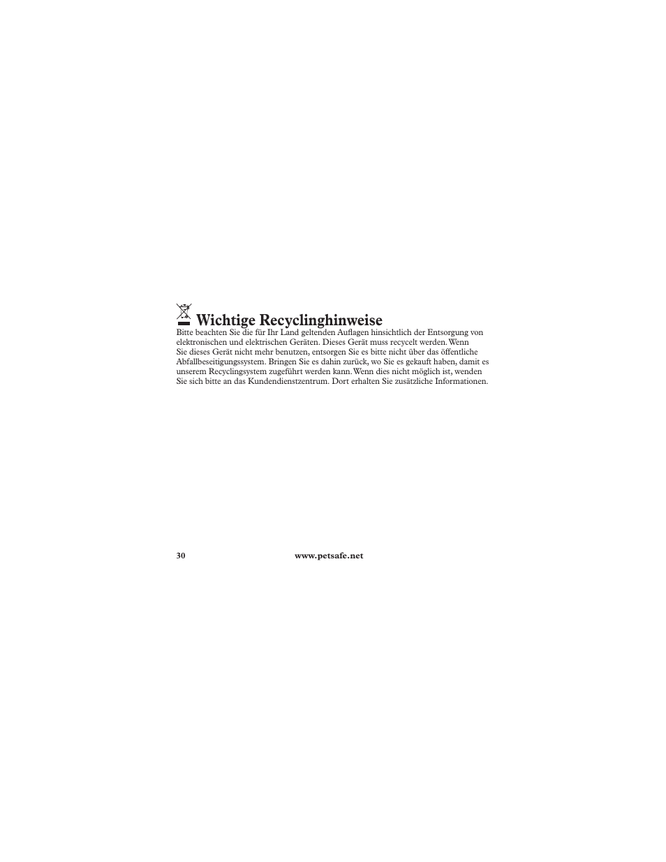 Wichtige recyclinghinweise | Petsafe Deluxe In-Ground Cat Fence™ Extra Receiver Collar User Manual | Page 30 / 32