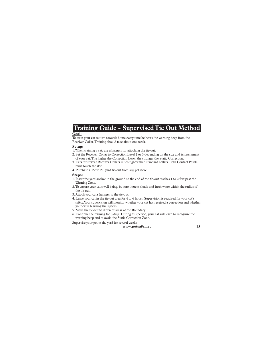 Training guide - supervised tie out method | Petsafe Deluxe In-Ground Cat Fence™ Extra Receiver Collar User Manual | Page 15 / 24