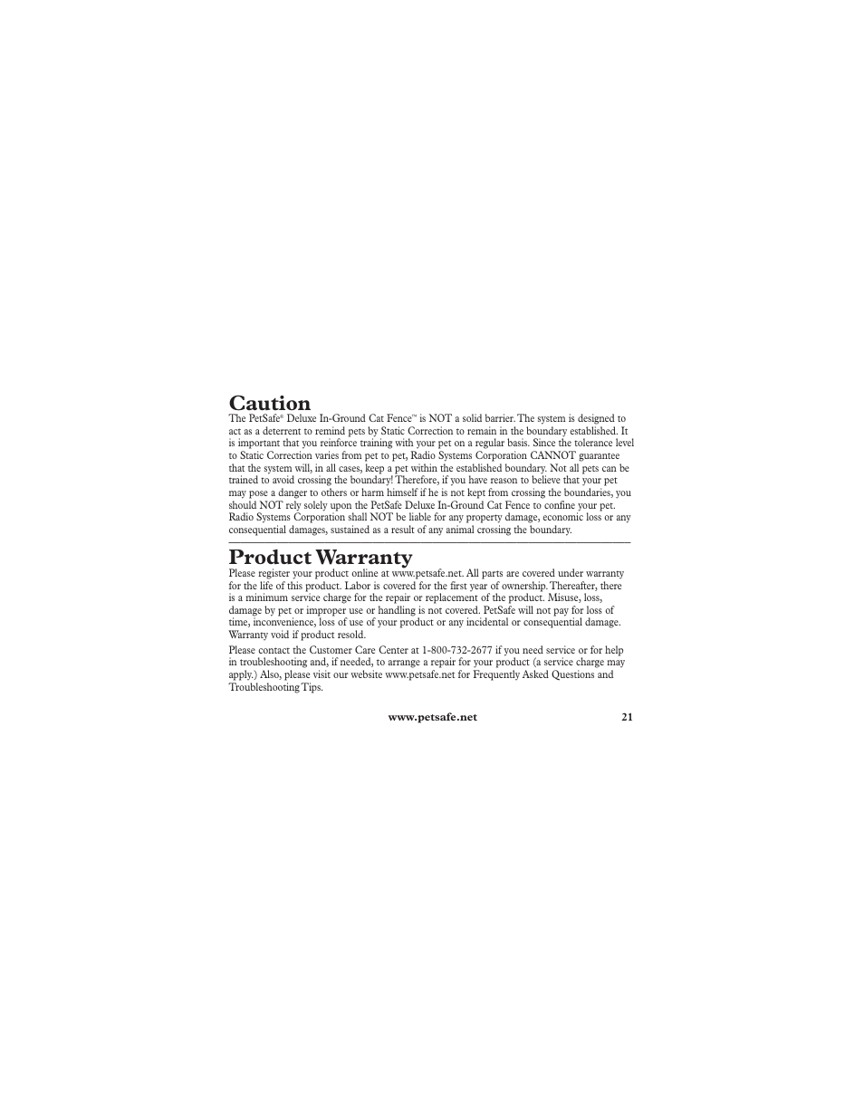 Caution, Product warranty | Petsafe Deluxe In-Ground Cat Fence™ Extra Receiver Collar User Manual | Page 21 / 24