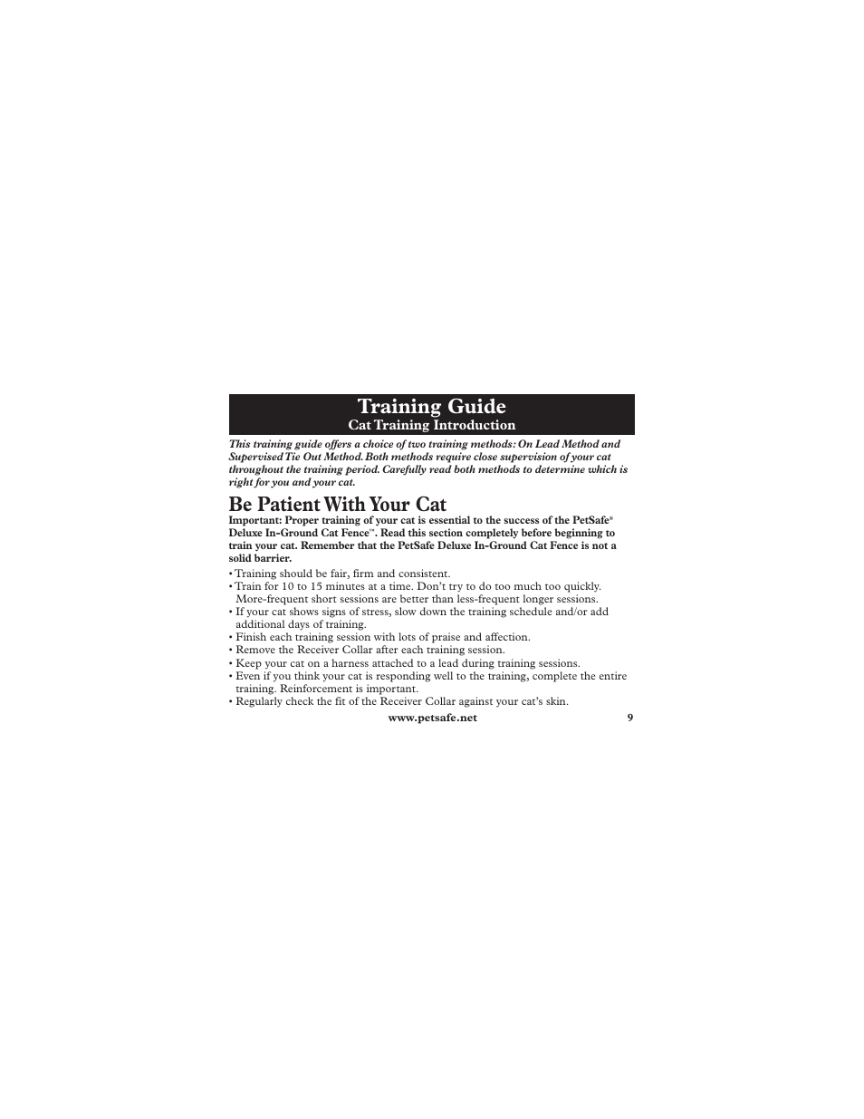 Training guide, Be patient with your cat | Petsafe Deluxe In-Ground Cat Fence™ Extra Receiver Collar User Manual | Page 9 / 24