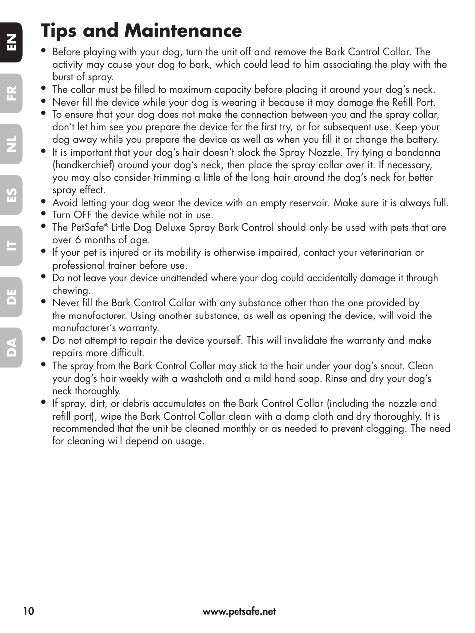 Tips and maintenance | Petsafe Deluxe Little Dog Spray Bark Control User Manual | Page 10 / 96