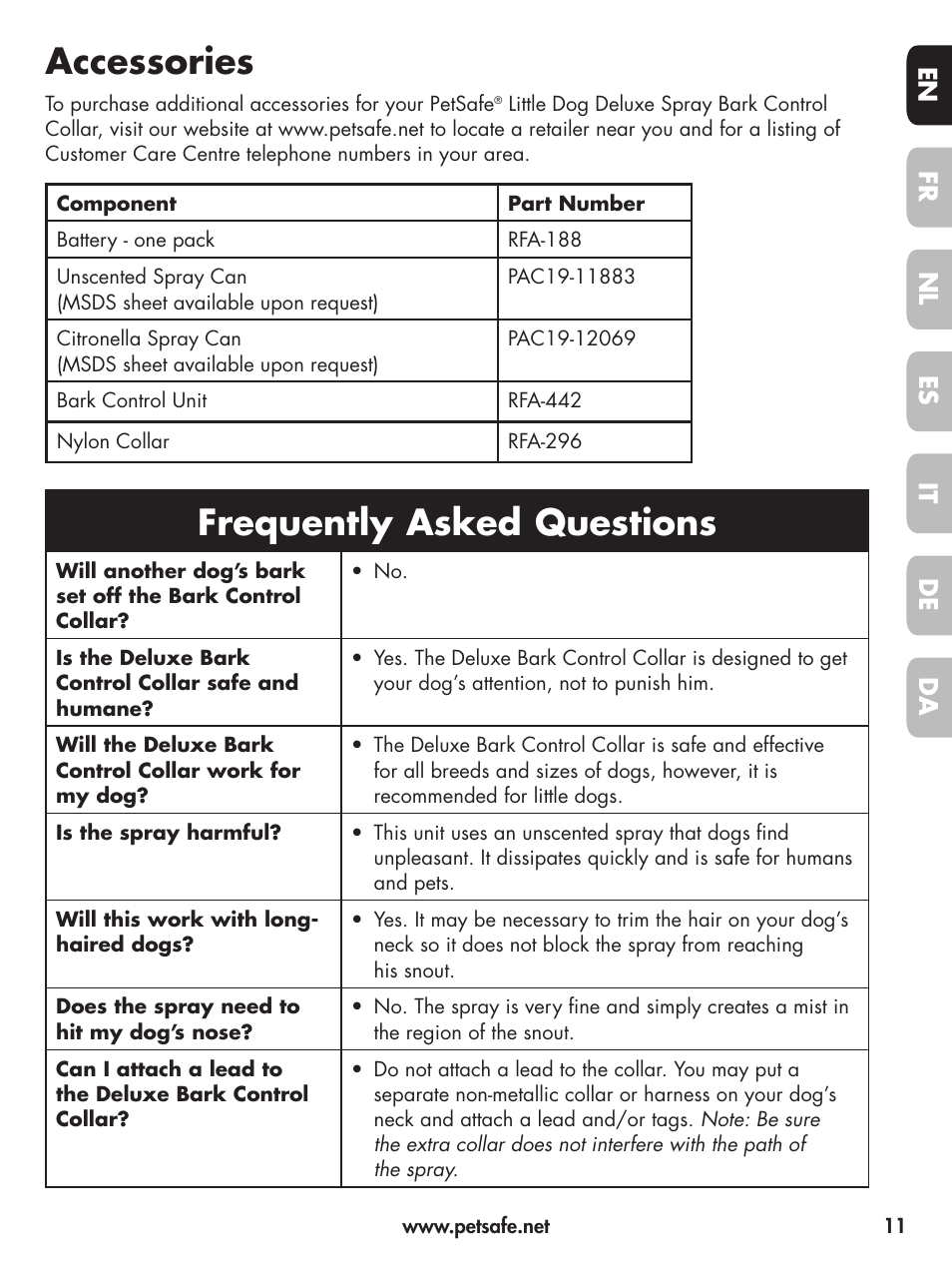 Accessories, Frequently asked questions, En fr es nl it da de | Petsafe Deluxe Little Dog Spray Bark Control User Manual | Page 11 / 96