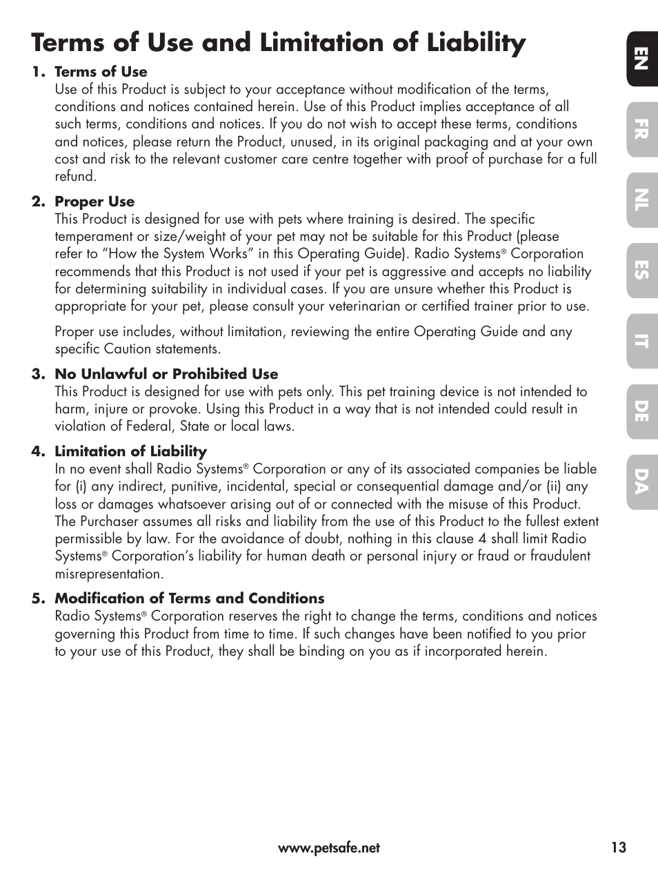 Terms of use and limitation of liability, En fr es nl it da de | Petsafe Deluxe Little Dog Spray Bark Control User Manual | Page 13 / 96