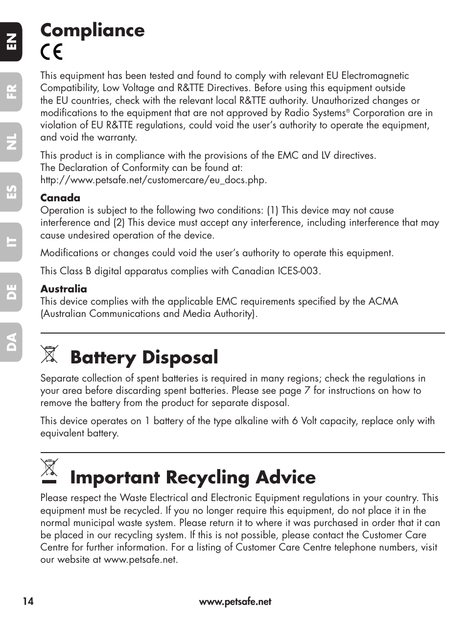 Compliance, Battery disposal, Important recycling advice | Petsafe Deluxe Little Dog Spray Bark Control User Manual | Page 14 / 96