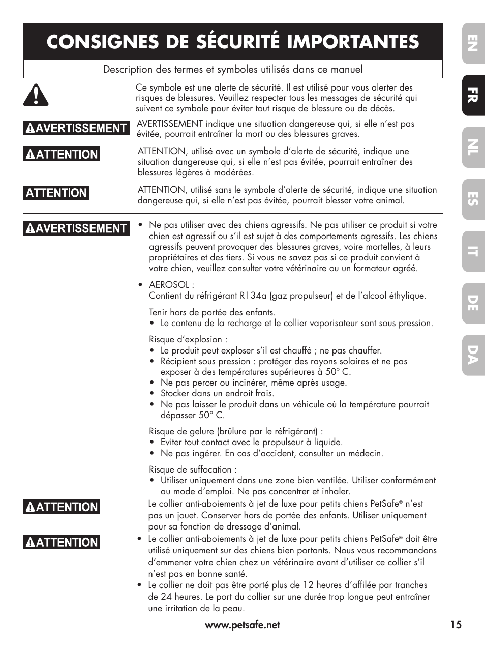 Consignes de sécurité importantes, En fr es nl it da de | Petsafe Deluxe Little Dog Spray Bark Control User Manual | Page 15 / 96