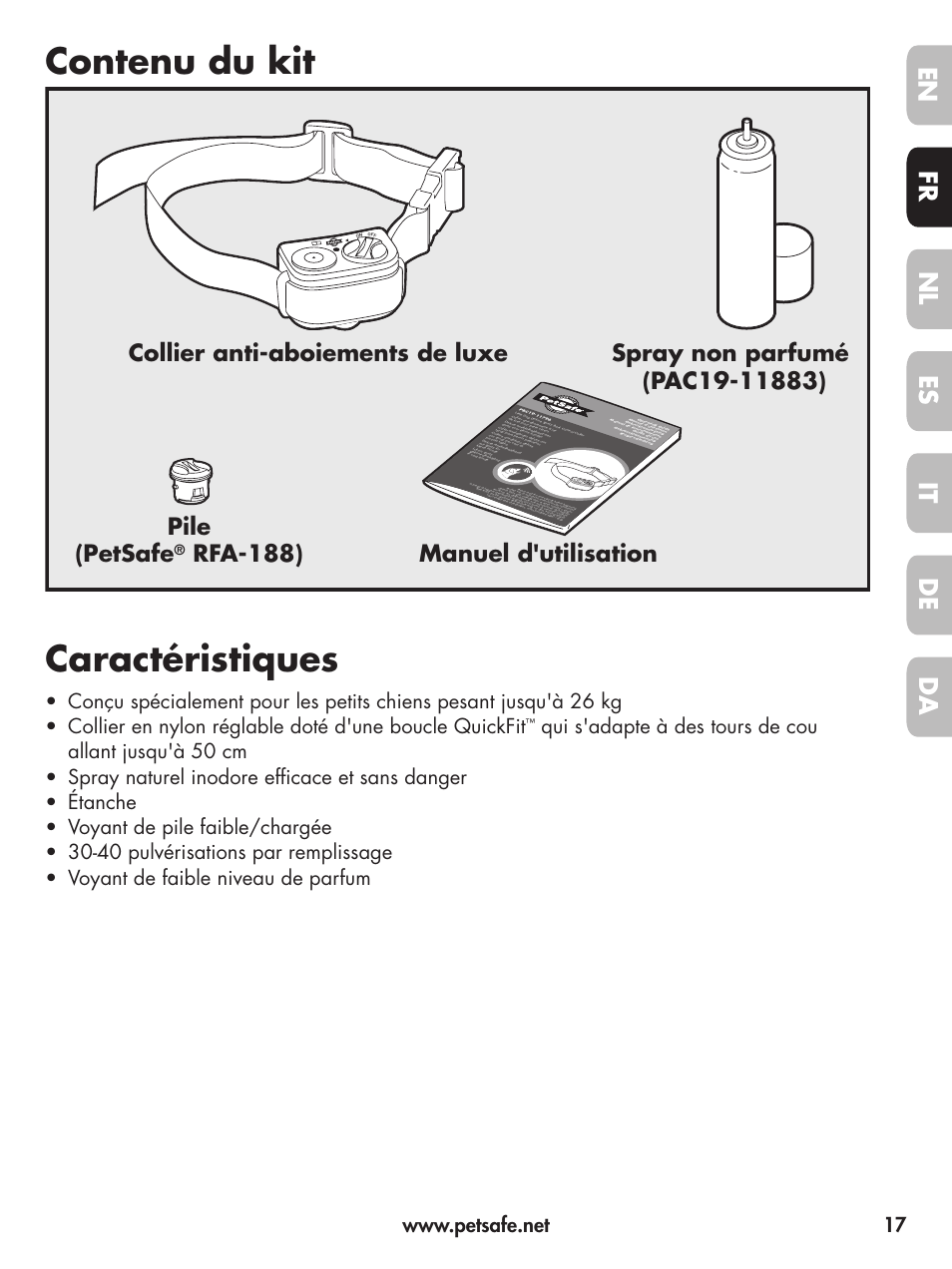 Contenu du kit, Caractéristiques, En fr es nl it da de | Rfa-188) manuel d'utilisation, On o f f | Petsafe Deluxe Little Dog Spray Bark Control User Manual | Page 17 / 96