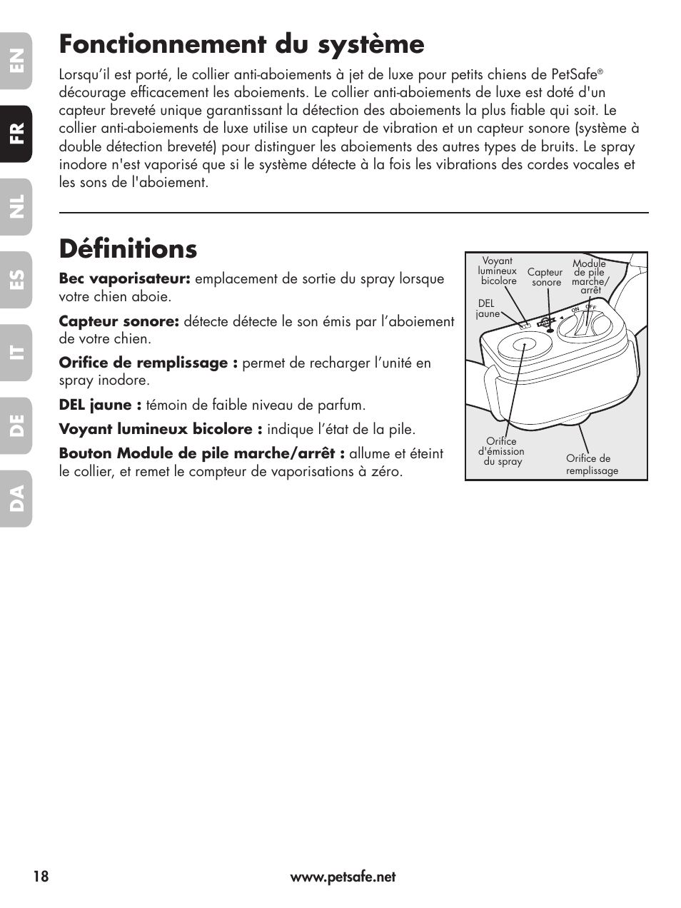 Fonctionnement du système, Définitions, En fr es nl it da de | Petsafe Deluxe Little Dog Spray Bark Control User Manual | Page 18 / 96