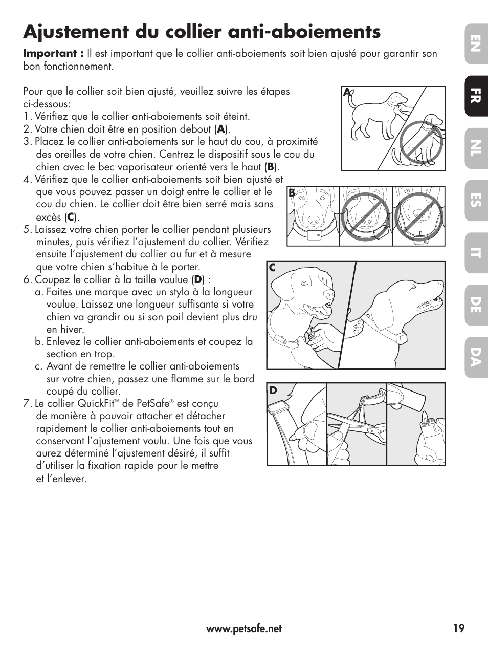 Ajustement du collier anti-aboiements, En fr es nl it da de | Petsafe Deluxe Little Dog Spray Bark Control User Manual | Page 19 / 96