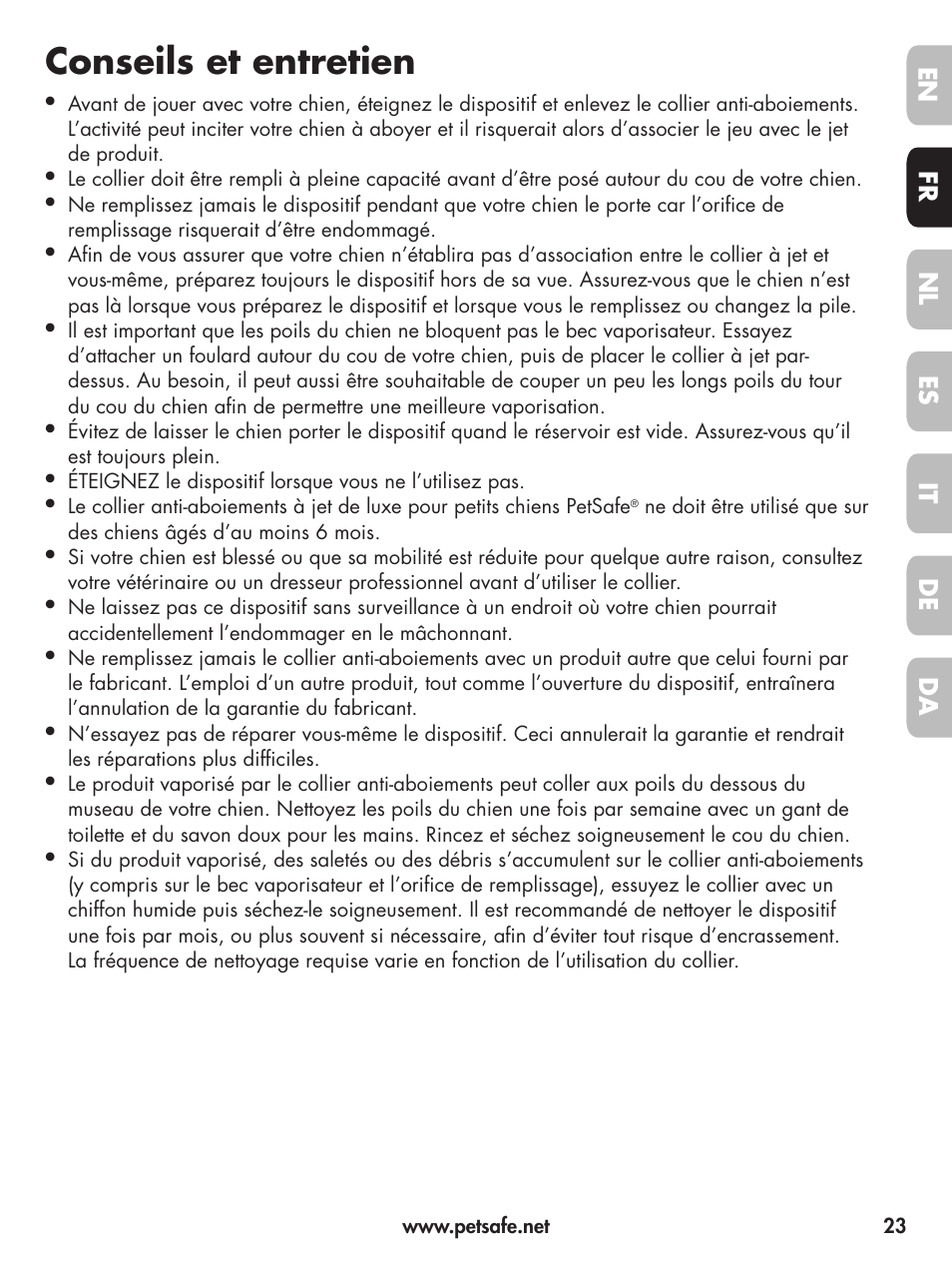Conseils et entretien | Petsafe Deluxe Little Dog Spray Bark Control User Manual | Page 23 / 96