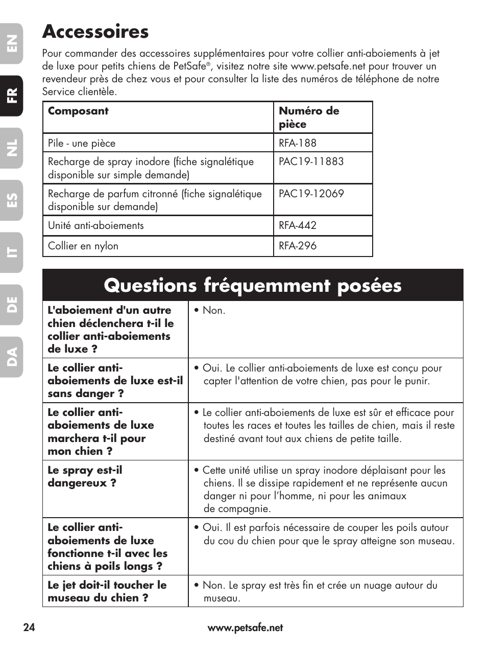 Accessoires, Questions fréquemment posées, En fr es nl it da de | Petsafe Deluxe Little Dog Spray Bark Control User Manual | Page 24 / 96