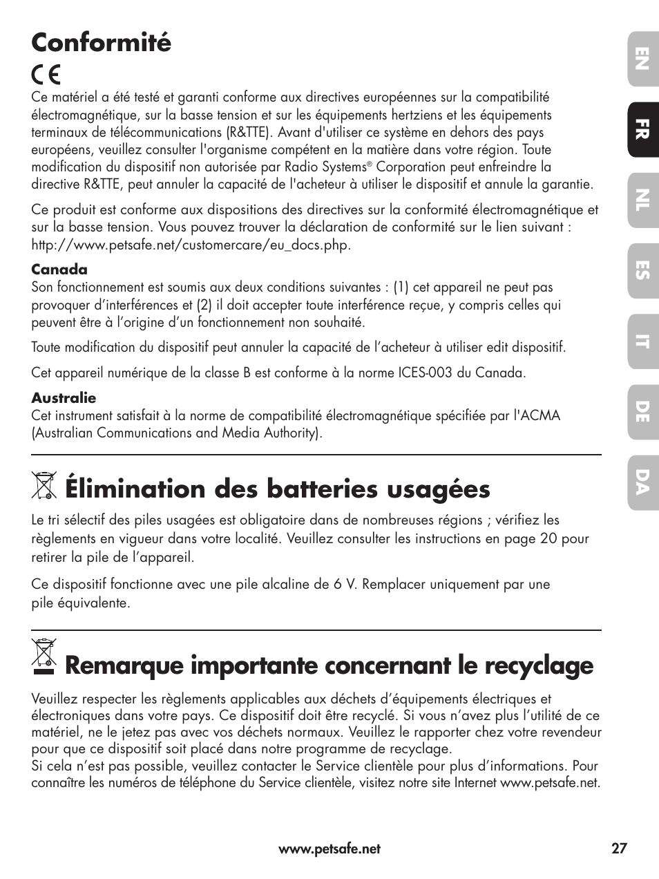 Conformité, Élimination des batteries usagées, Remarque importante concernant le recyclage | Petsafe Deluxe Little Dog Spray Bark Control User Manual | Page 27 / 96