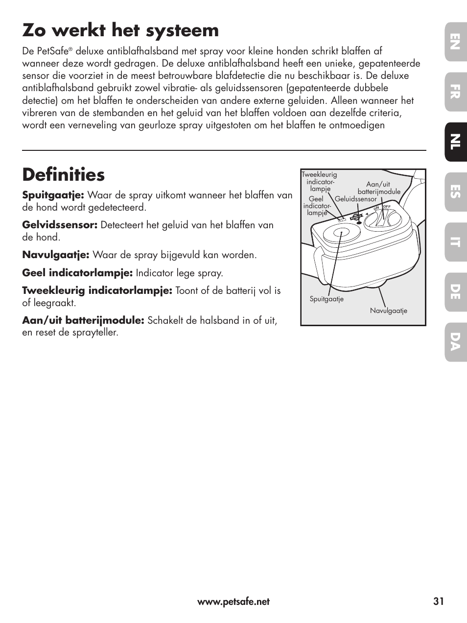 Zo werkt het systeem, Definities, En fr es nl it da de | Petsafe Deluxe Little Dog Spray Bark Control User Manual | Page 31 / 96