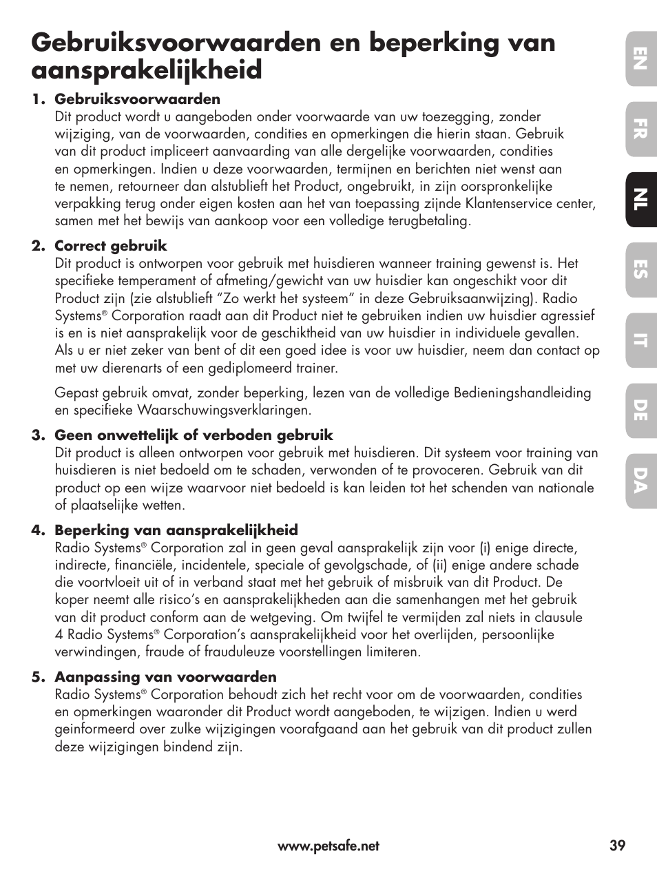 En fr es nl it da de | Petsafe Deluxe Little Dog Spray Bark Control User Manual | Page 39 / 96