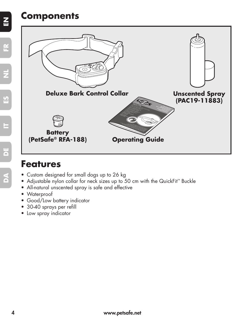 Components features, En fr es nl it da de, Rfa-188) operating guide | On o f f | Petsafe Deluxe Little Dog Spray Bark Control User Manual | Page 4 / 96