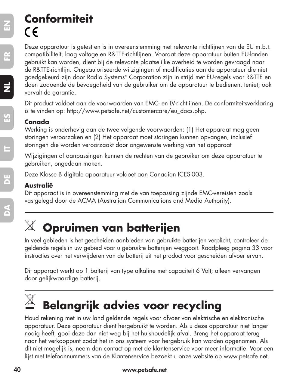 Conformiteit, Opruimen van batterijen, Belangrijk advies voor recycling | Petsafe Deluxe Little Dog Spray Bark Control User Manual | Page 40 / 96