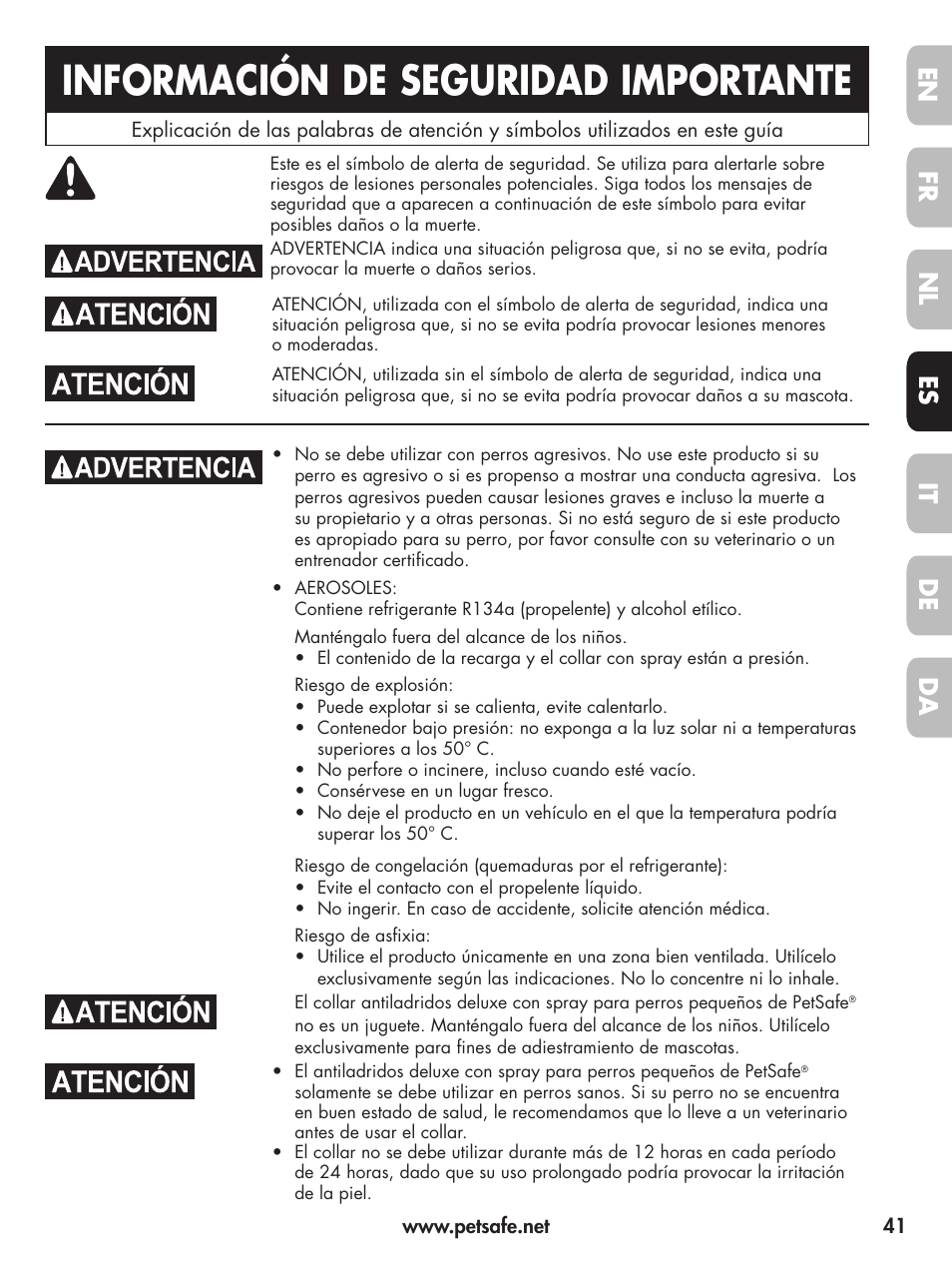 Información de seguridad importante, En fr fr es es nl nl it it da da de de | Petsafe Deluxe Little Dog Spray Bark Control User Manual | Page 41 / 96