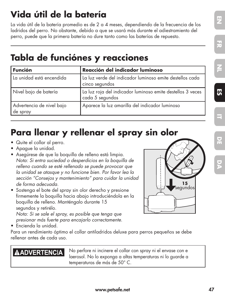 Vida útil de la batería, Tabla de funciónes y reacciones, Para llenar y rellenar el spray sin olor | Petsafe Deluxe Little Dog Spray Bark Control User Manual | Page 47 / 96