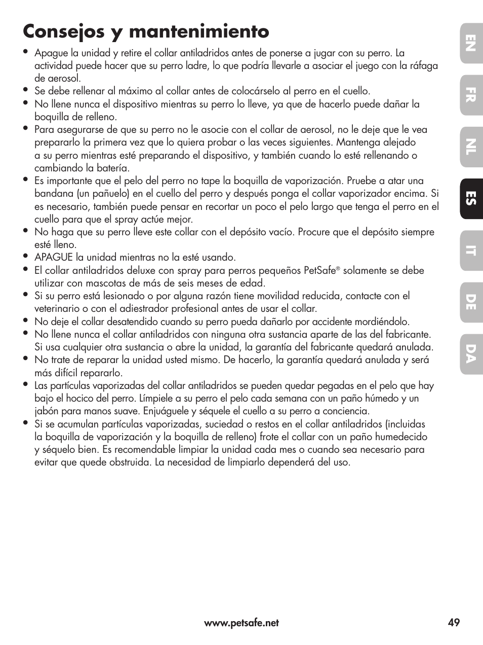 Consejos y mantenimiento | Petsafe Deluxe Little Dog Spray Bark Control User Manual | Page 49 / 96