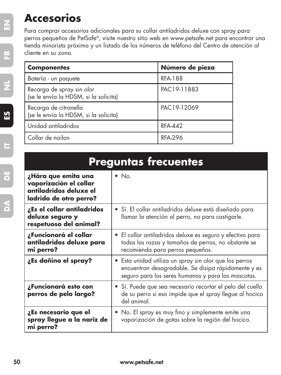 Accesorios, Preguntas frecuentes, En fr fr es es nl nl it it da da de de | Petsafe Deluxe Little Dog Spray Bark Control User Manual | Page 50 / 96