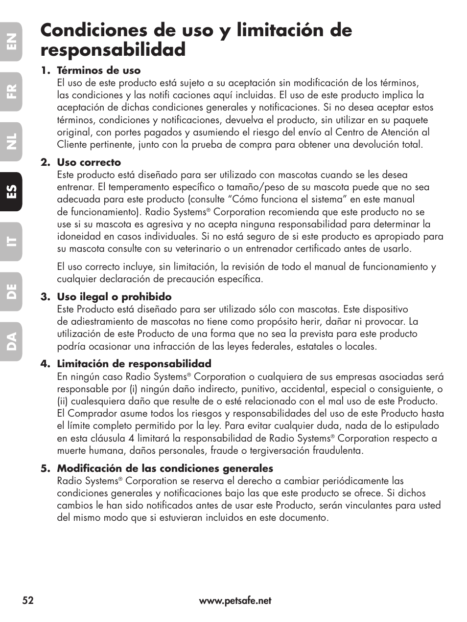 Condiciones de uso y limitación de responsabilidad, En fr fr es es nl nl it it da da de de | Petsafe Deluxe Little Dog Spray Bark Control User Manual | Page 52 / 96