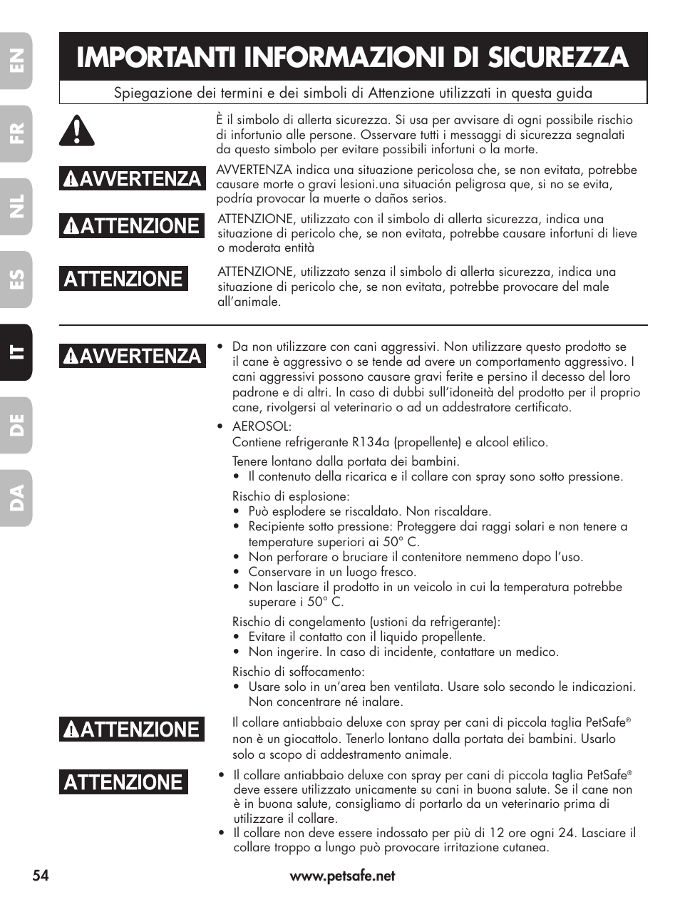 Importanti informazioni di sicurezza, En fr fr es es nl nl it it da da de de | Petsafe Deluxe Little Dog Spray Bark Control User Manual | Page 54 / 96