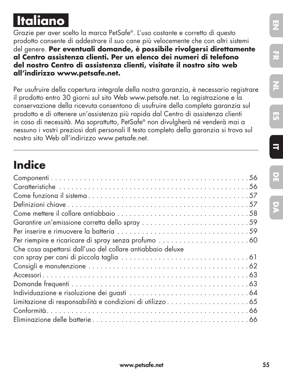 Italiano, Indice | Petsafe Deluxe Little Dog Spray Bark Control User Manual | Page 55 / 96