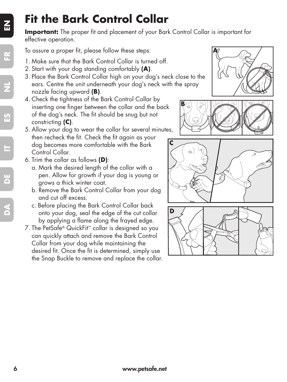 Fit the bark control collar, En fr es nl it da de | Petsafe Deluxe Little Dog Spray Bark Control User Manual | Page 6 / 96