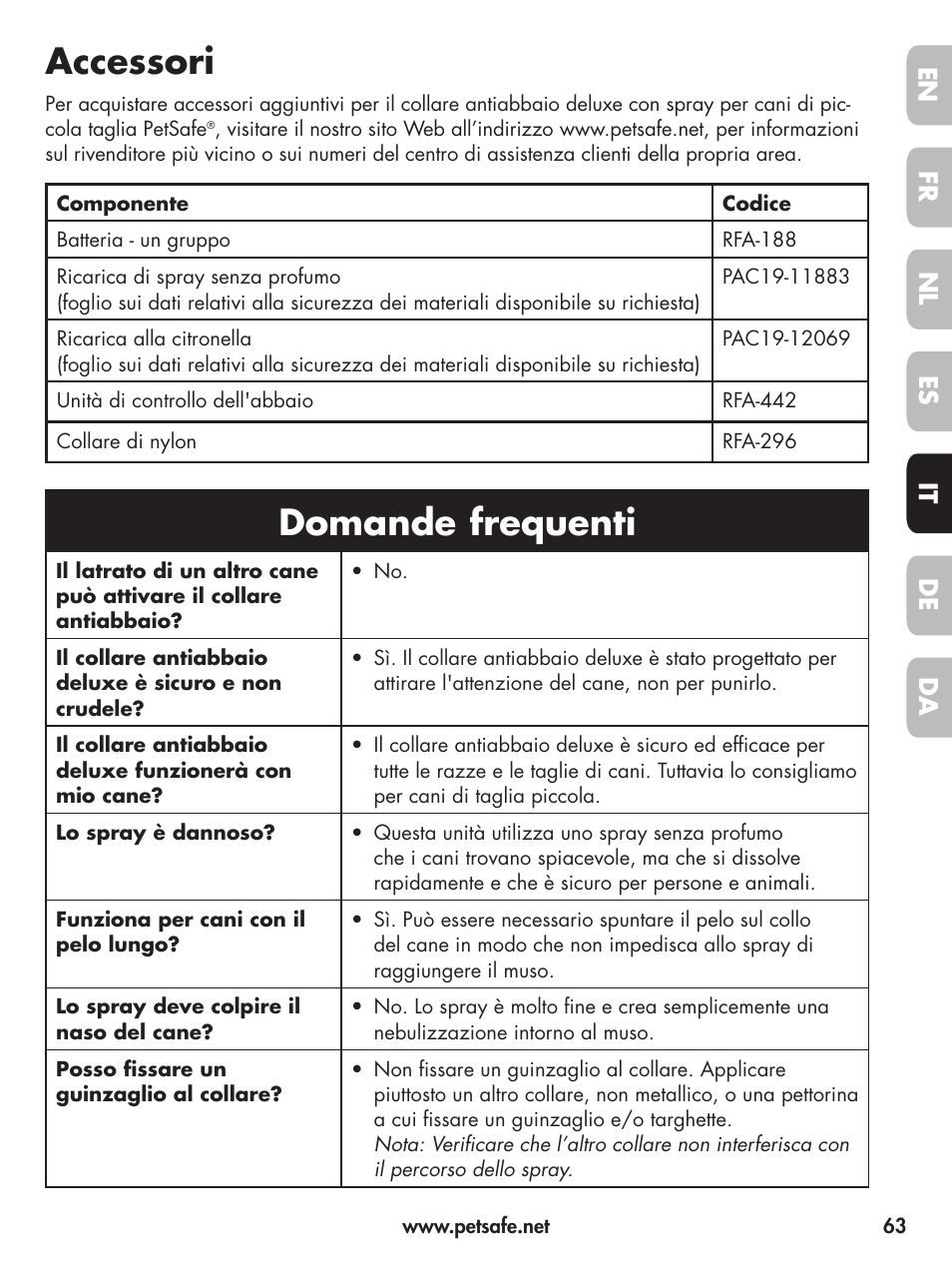 Accessori, Domande frequenti, En fr fr es es nl nl it it da da de de | Petsafe Deluxe Little Dog Spray Bark Control User Manual | Page 63 / 96