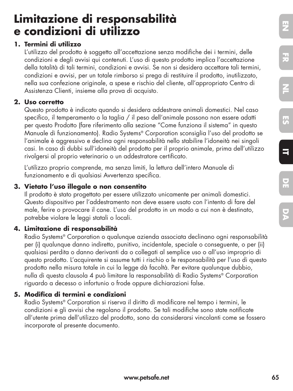 En fr fr es es nl nl it it da da de de | Petsafe Deluxe Little Dog Spray Bark Control User Manual | Page 65 / 96