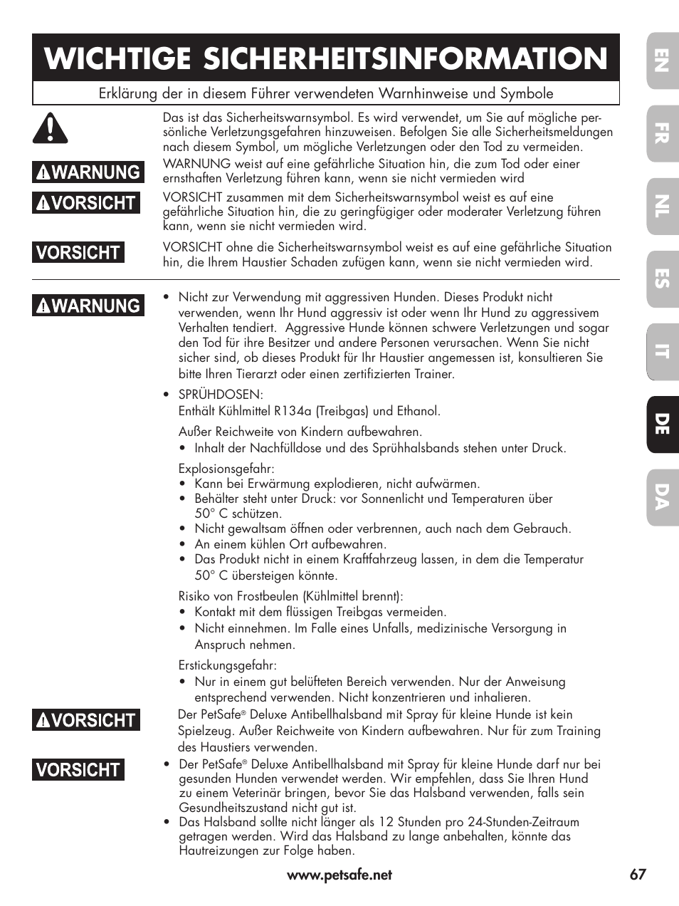 Wichtige sicherheitsinformation, En fr fr es es nl nl it it da da de de it de | Petsafe Deluxe Little Dog Spray Bark Control User Manual | Page 67 / 96