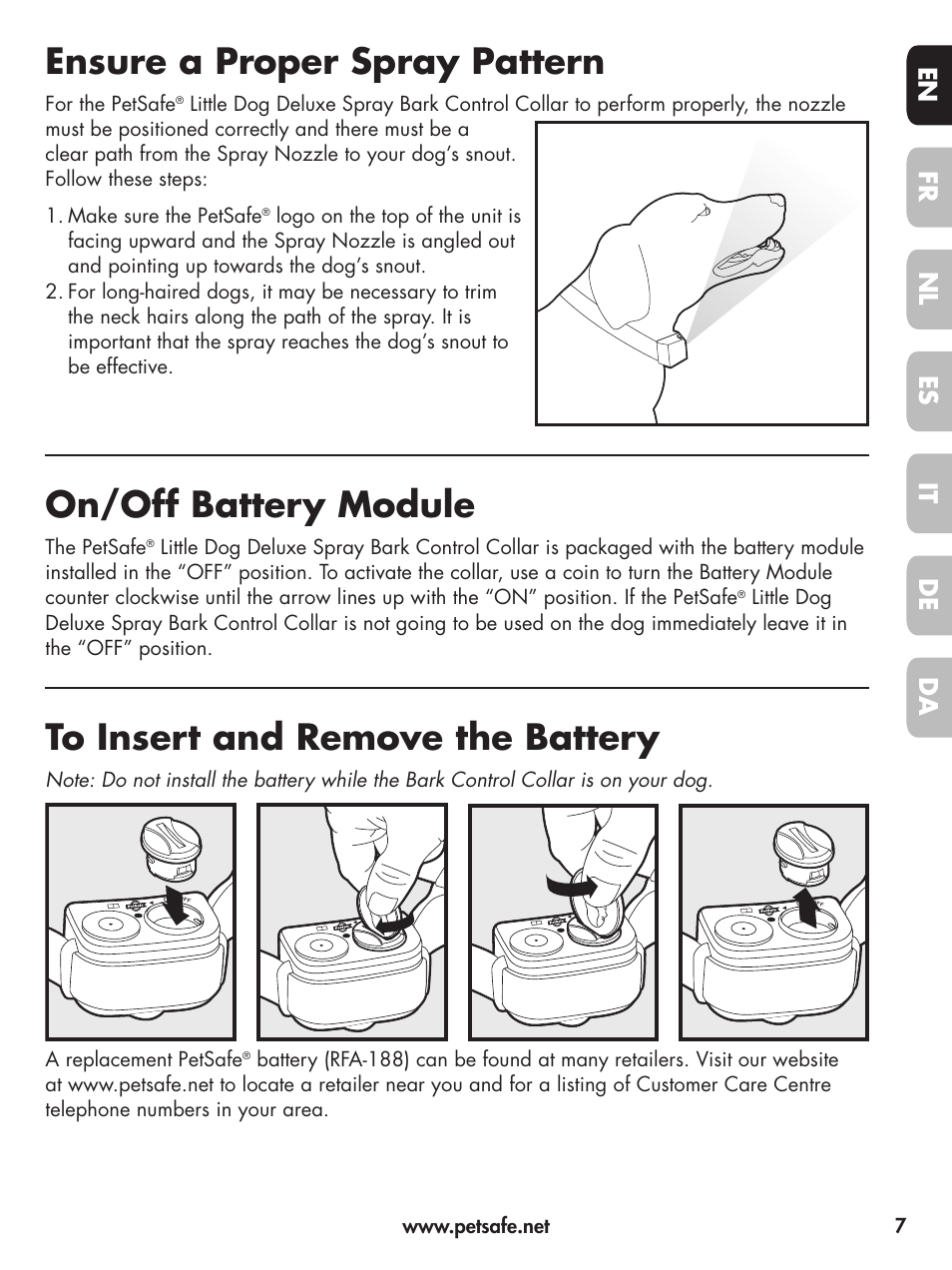 Ensure a proper spray pattern, On/off battery module, En fr es nl it da de | Petsafe Deluxe Little Dog Spray Bark Control User Manual | Page 7 / 96