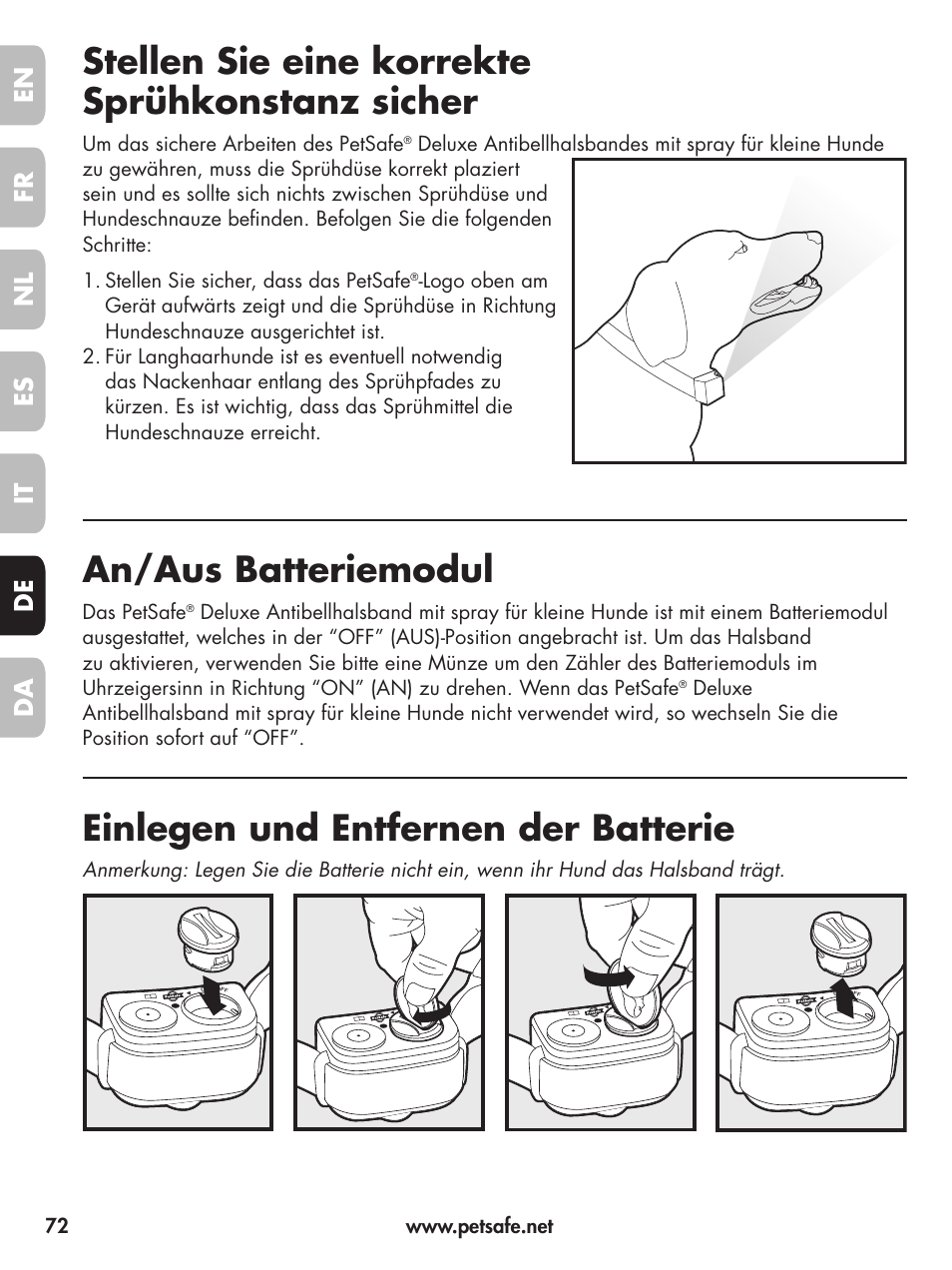 Stellen sie eine korrekte sprühkonstanz sicher, An/aus batteriemodul, Einlegen und entfernen der batterie | En fr fr es es nl nl it it da da de de | Petsafe Deluxe Little Dog Spray Bark Control User Manual | Page 72 / 96
