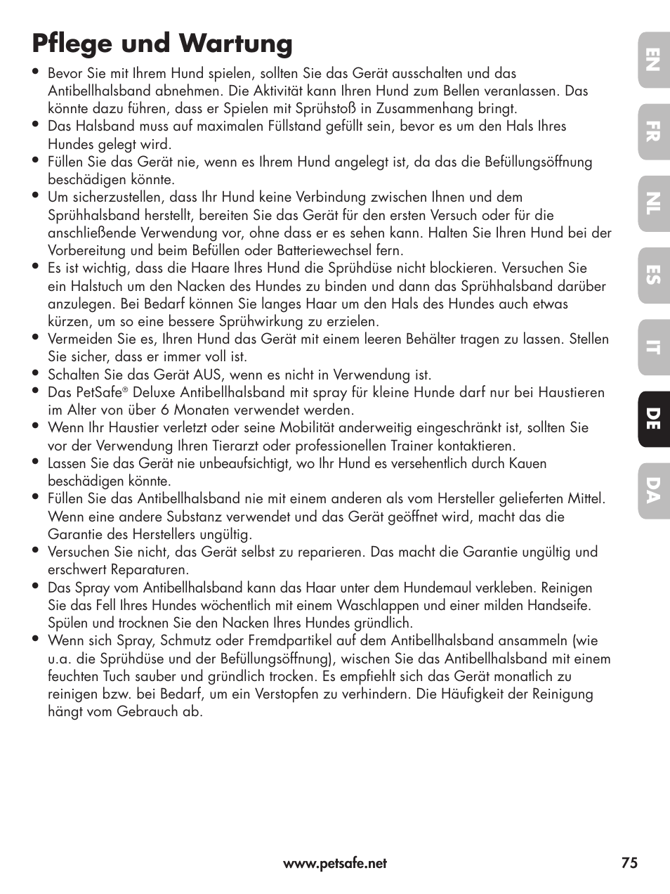Pflege und wartung | Petsafe Deluxe Little Dog Spray Bark Control User Manual | Page 75 / 96