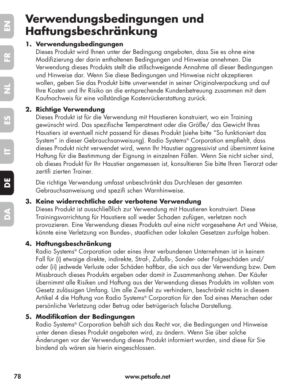 Verwendungsbedingungen und haftungsbeschränkung, En fr fr es es nl nl it it da da de de | Petsafe Deluxe Little Dog Spray Bark Control User Manual | Page 78 / 96