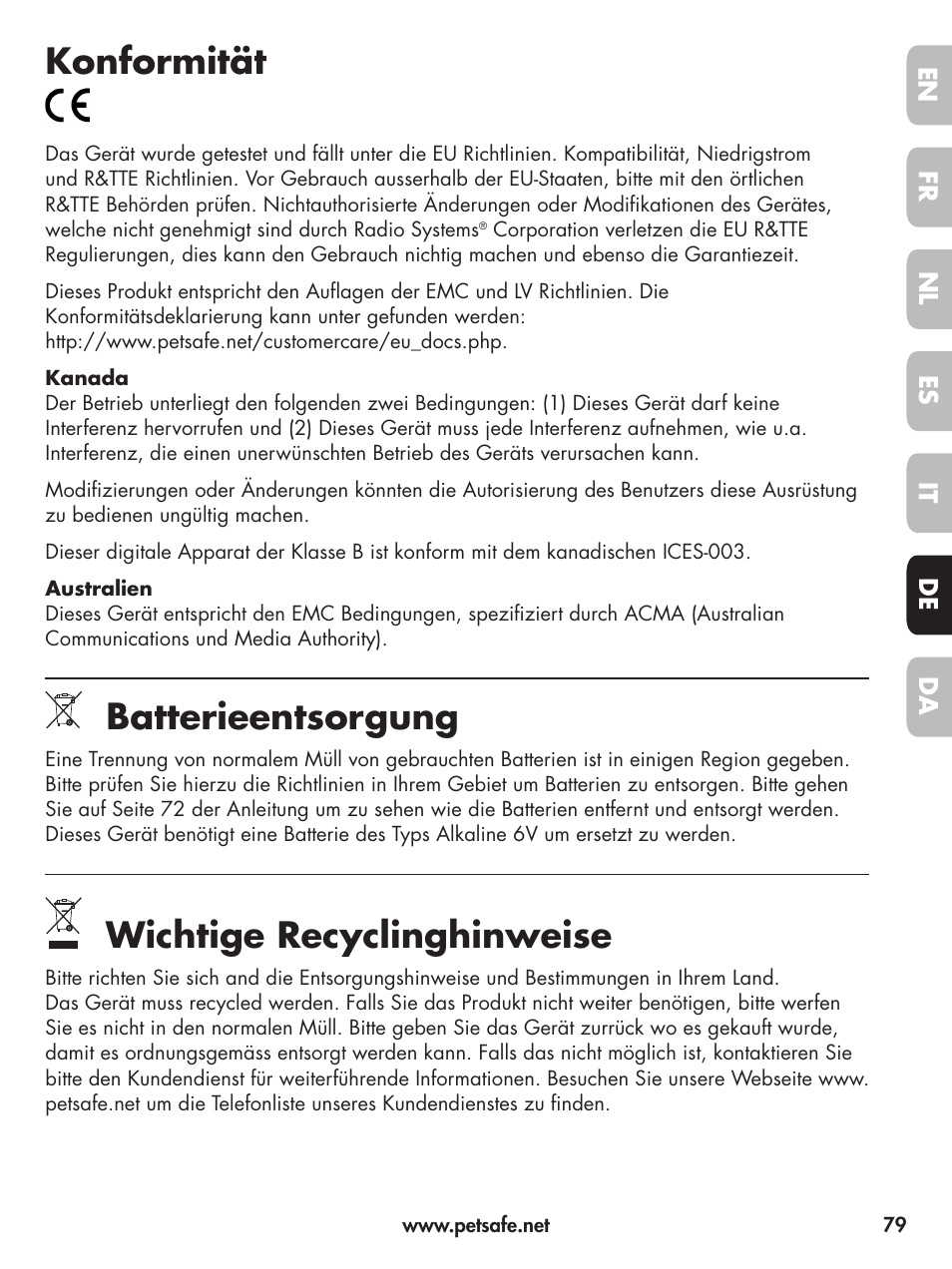Konformität, Batterieentsorgung, Wichtige recyclinghinweise | Petsafe Deluxe Little Dog Spray Bark Control User Manual | Page 79 / 96