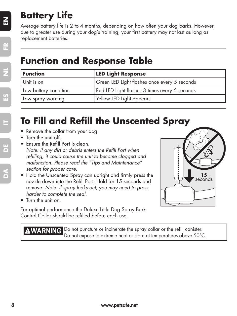 Battery life, Function and response table | Petsafe Deluxe Little Dog Spray Bark Control User Manual | Page 8 / 96