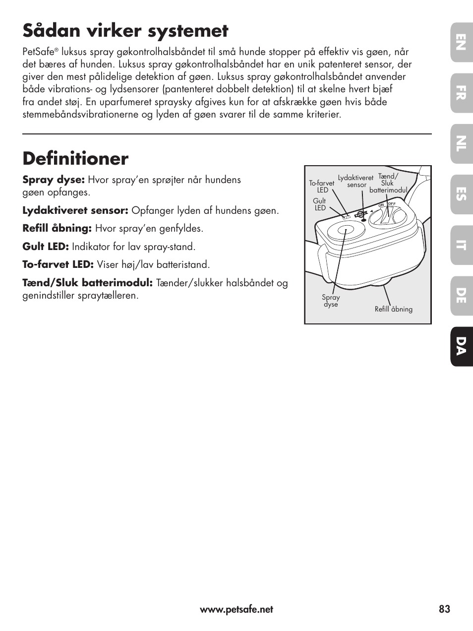 Sådan virker systemet, Definitioner, En fr fr es es nl nl it it da da de de | Petsafe Deluxe Little Dog Spray Bark Control User Manual | Page 83 / 96