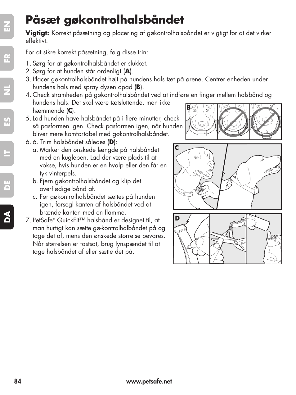 Påsæt gøkontrolhalsbåndet, En fr fr es es nl nl it it da da de de | Petsafe Deluxe Little Dog Spray Bark Control User Manual | Page 84 / 96