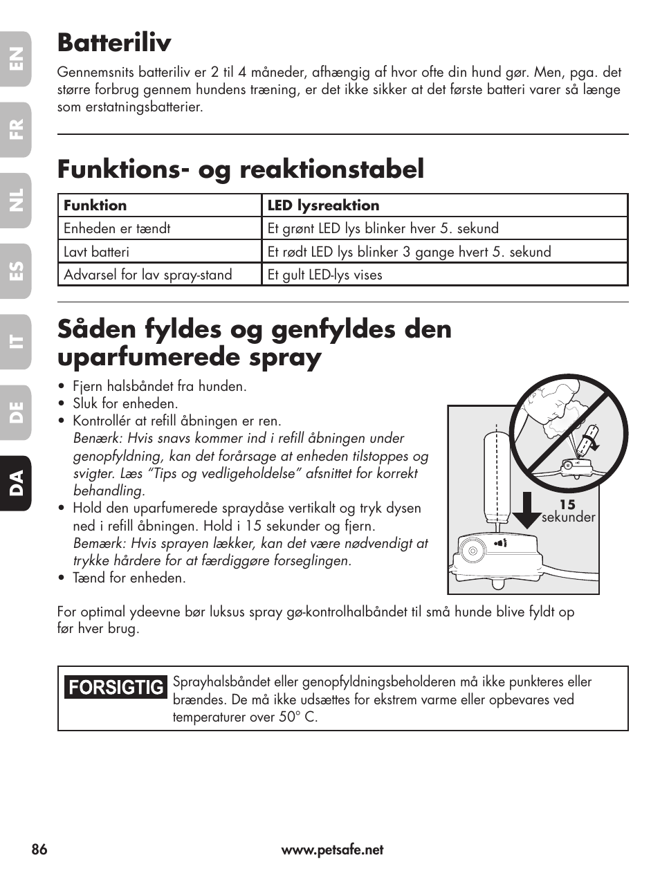 Batteriliv, Funktions- og reaktionstabel, Såden fyldes og genfyldes den uparfumerede spray | Petsafe Deluxe Little Dog Spray Bark Control User Manual | Page 86 / 96