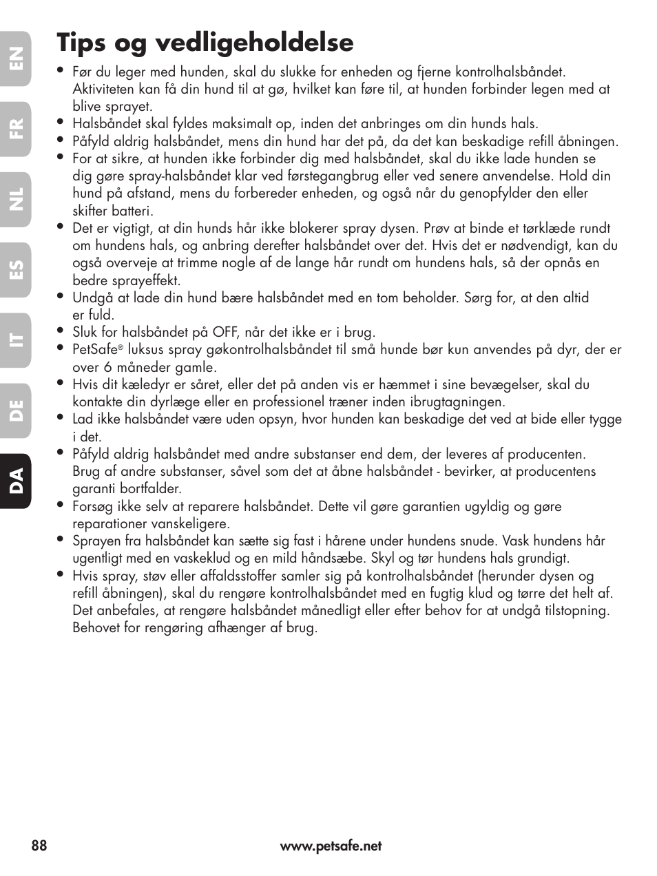 Tips og vedligeholdelse | Petsafe Deluxe Little Dog Spray Bark Control User Manual | Page 88 / 96
