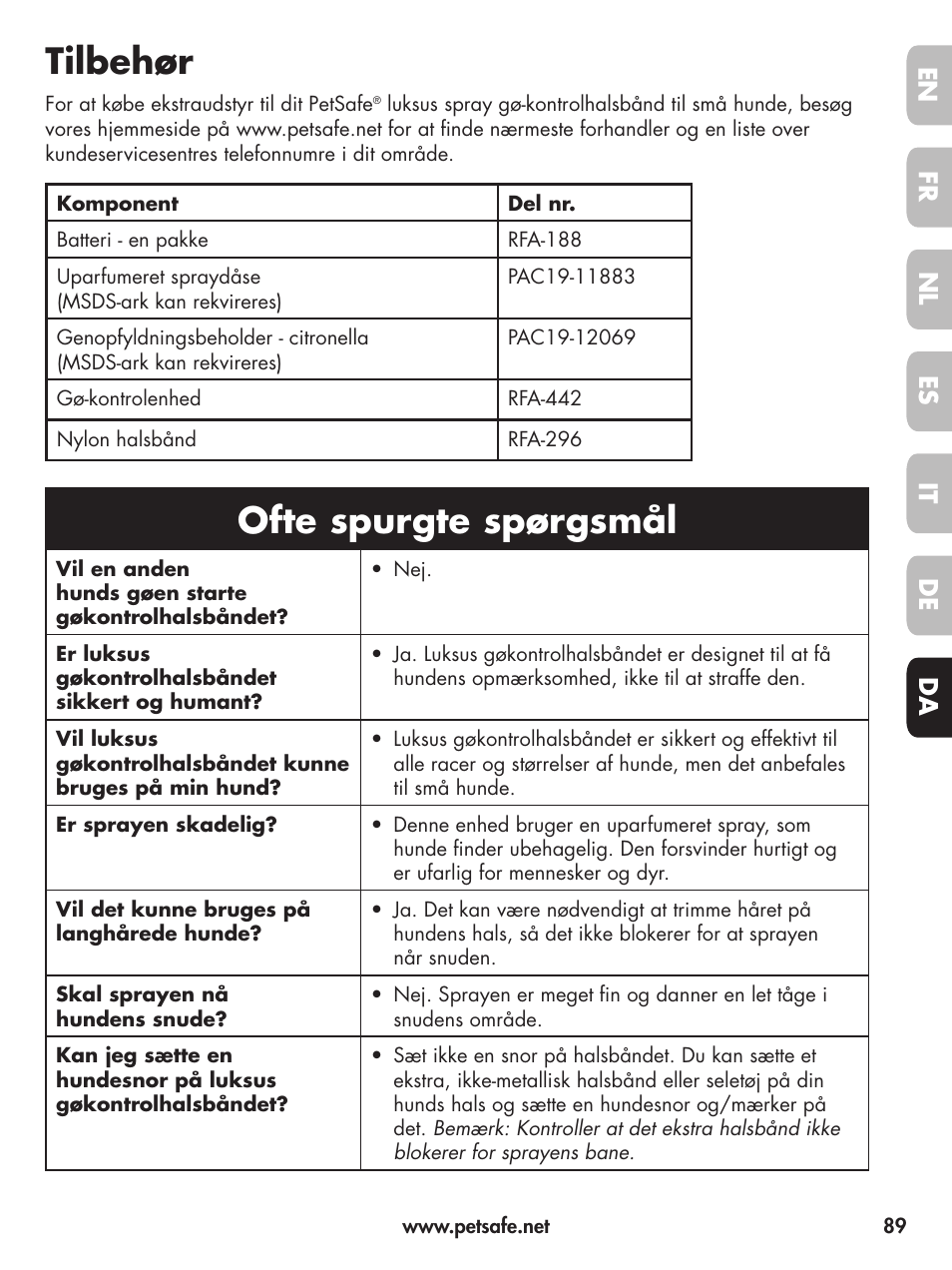 Tilbehør, Ofte spurgte spørgsmål, En fr fr es es nl nl it it da da de de | Petsafe Deluxe Little Dog Spray Bark Control User Manual | Page 89 / 96