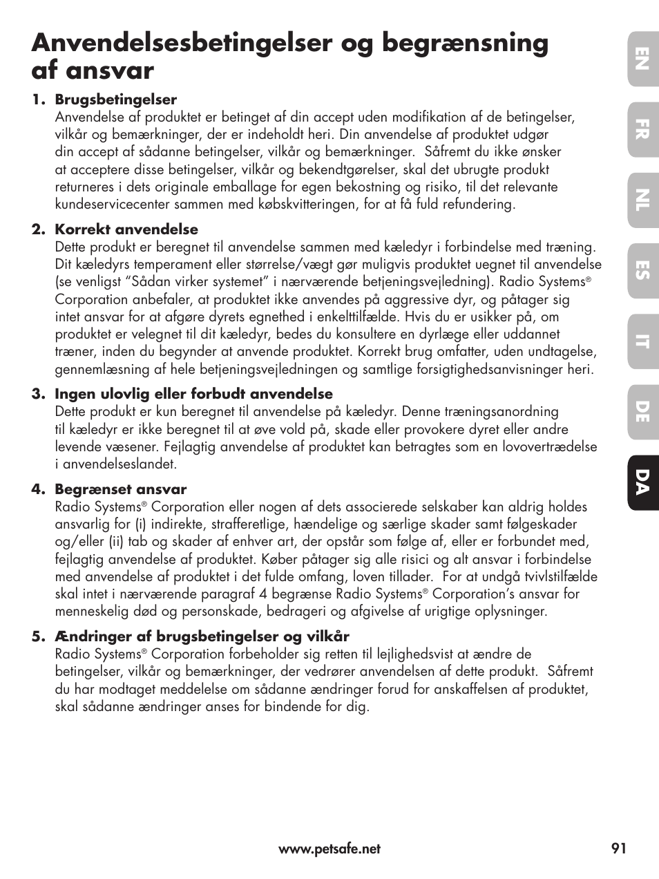 Anvendelsesbetingelser og begrænsning af ansvar, En fr fr es es nl nl it it da da de de | Petsafe Deluxe Little Dog Spray Bark Control User Manual | Page 91 / 96