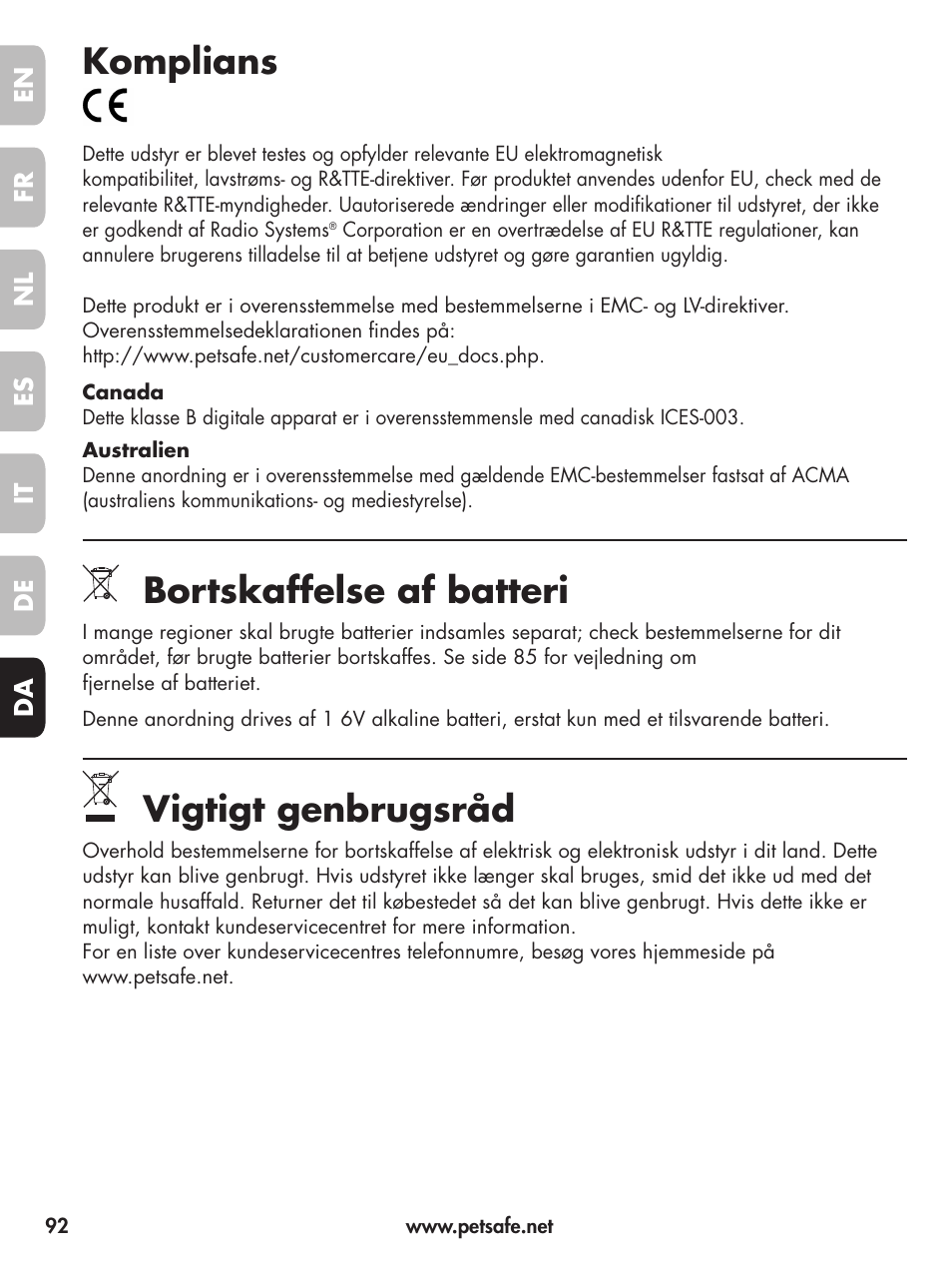 Komplians, Bortskaffelse af batteri, Vigtigt genbrugsråd | Petsafe Deluxe Little Dog Spray Bark Control User Manual | Page 92 / 96