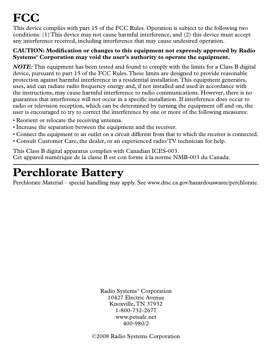 Perchlorate battery | Petsafe Deluxe Little Dog Spray Bark Control User Manual | Page 12 / 12