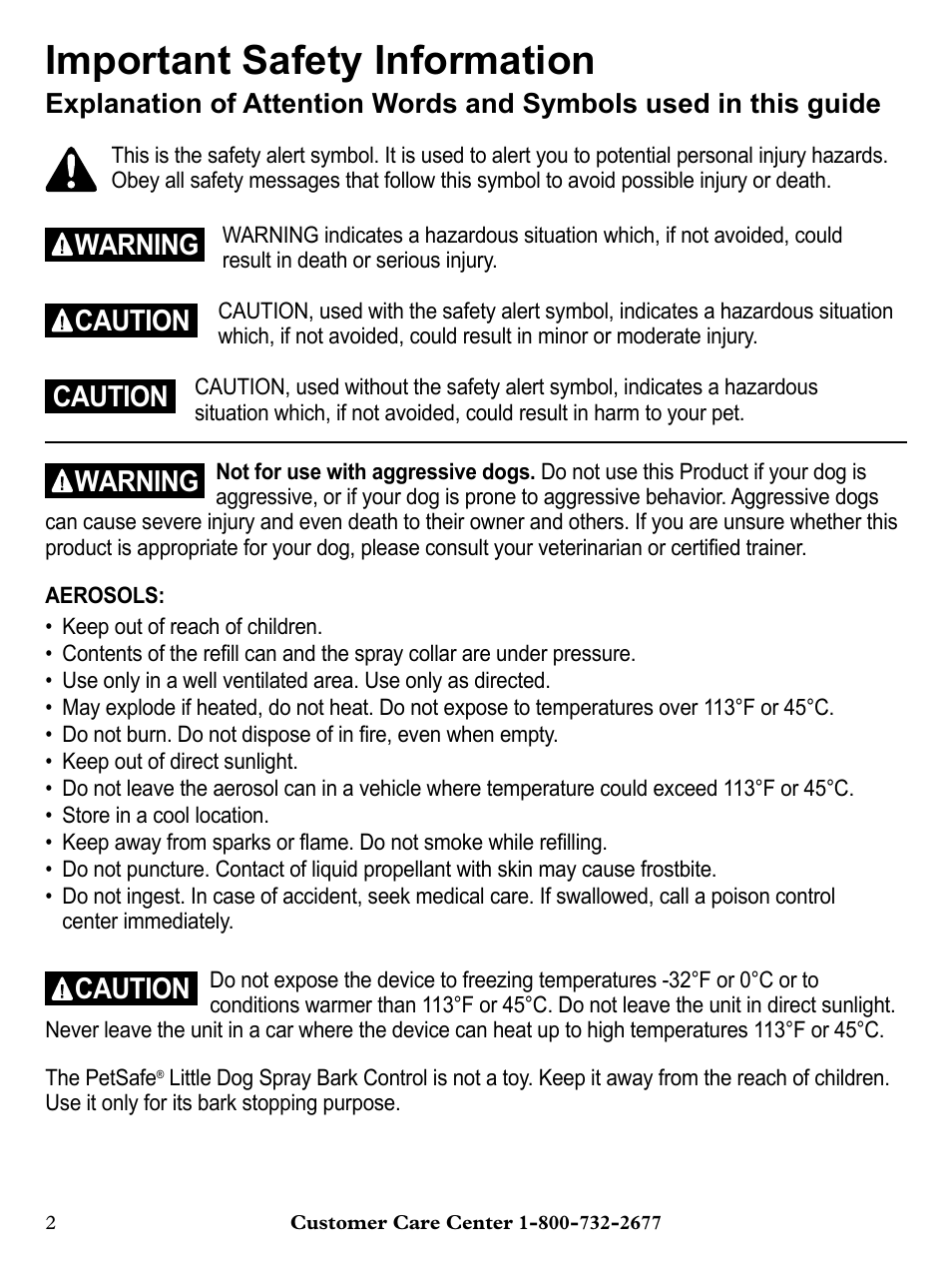 Important safety information, Warning, Caution | Petsafe Deluxe Little Dog Spray Bark Control User Manual | Page 2 / 12