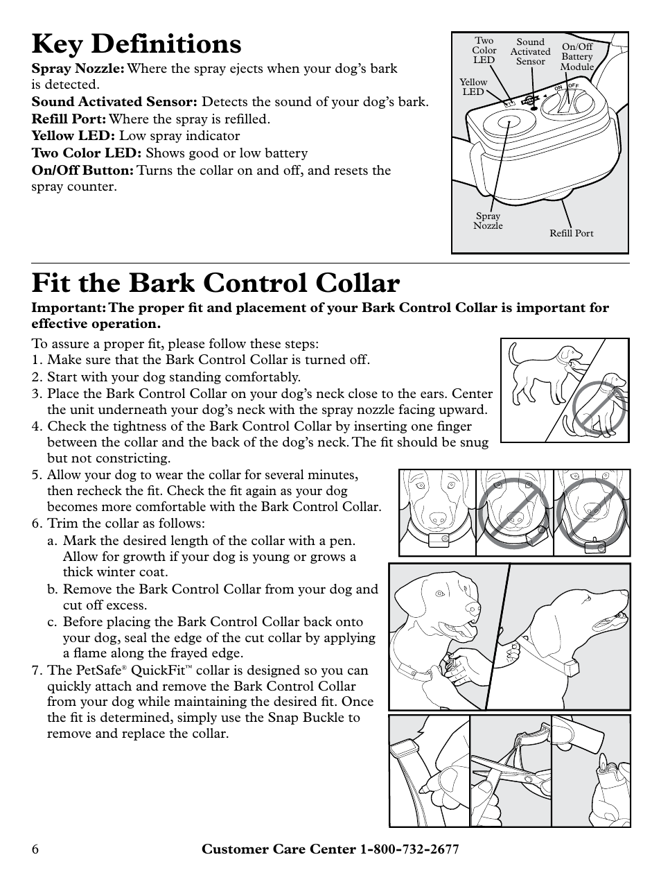 Key definitions, Fit the bark control collar | Petsafe Deluxe Little Dog Spray Bark Control User Manual | Page 6 / 12
