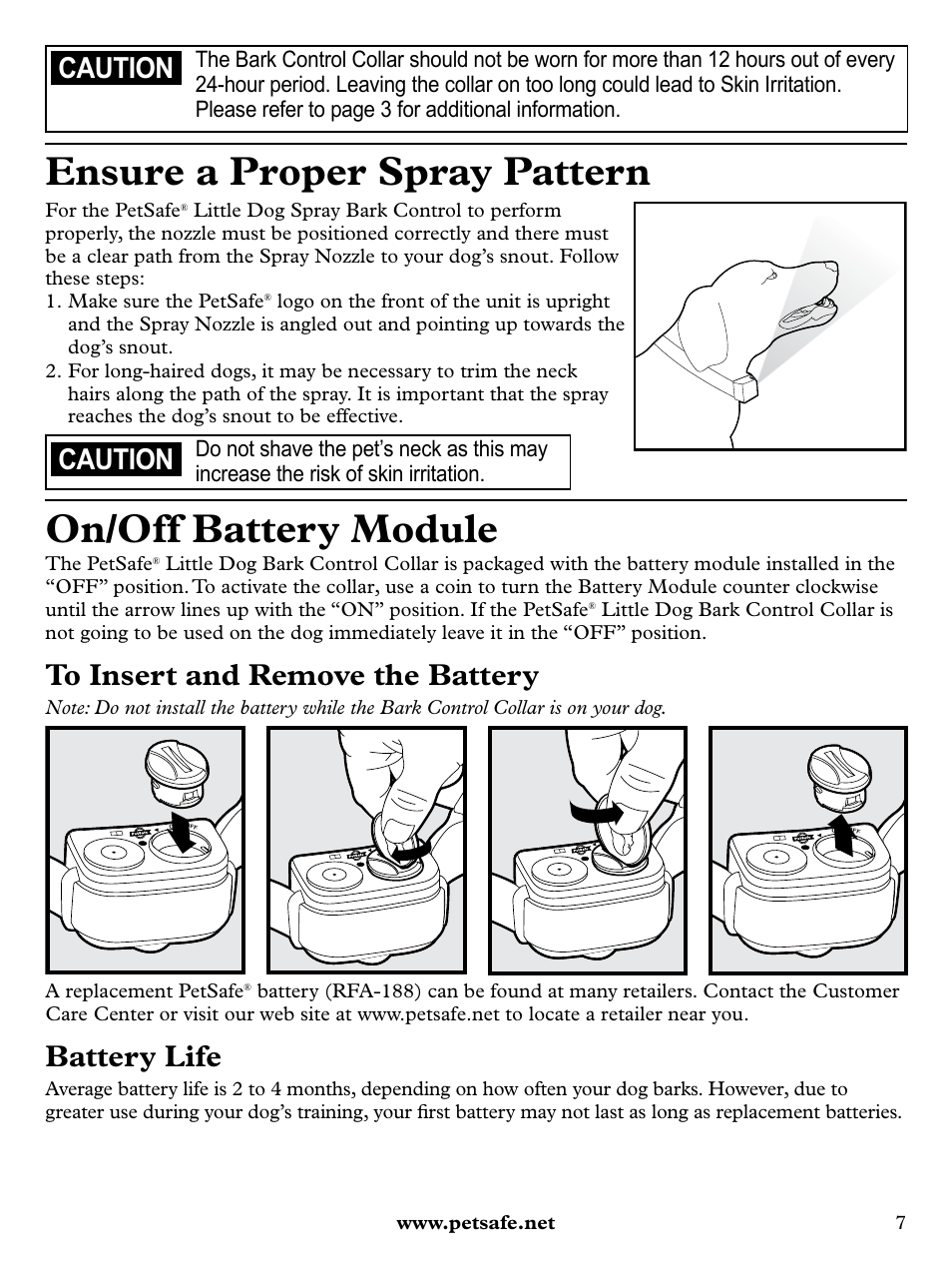 Ensure a proper spray pattern, On/off battery module, Battery life | Caution | Petsafe Deluxe Little Dog Spray Bark Control User Manual | Page 7 / 12