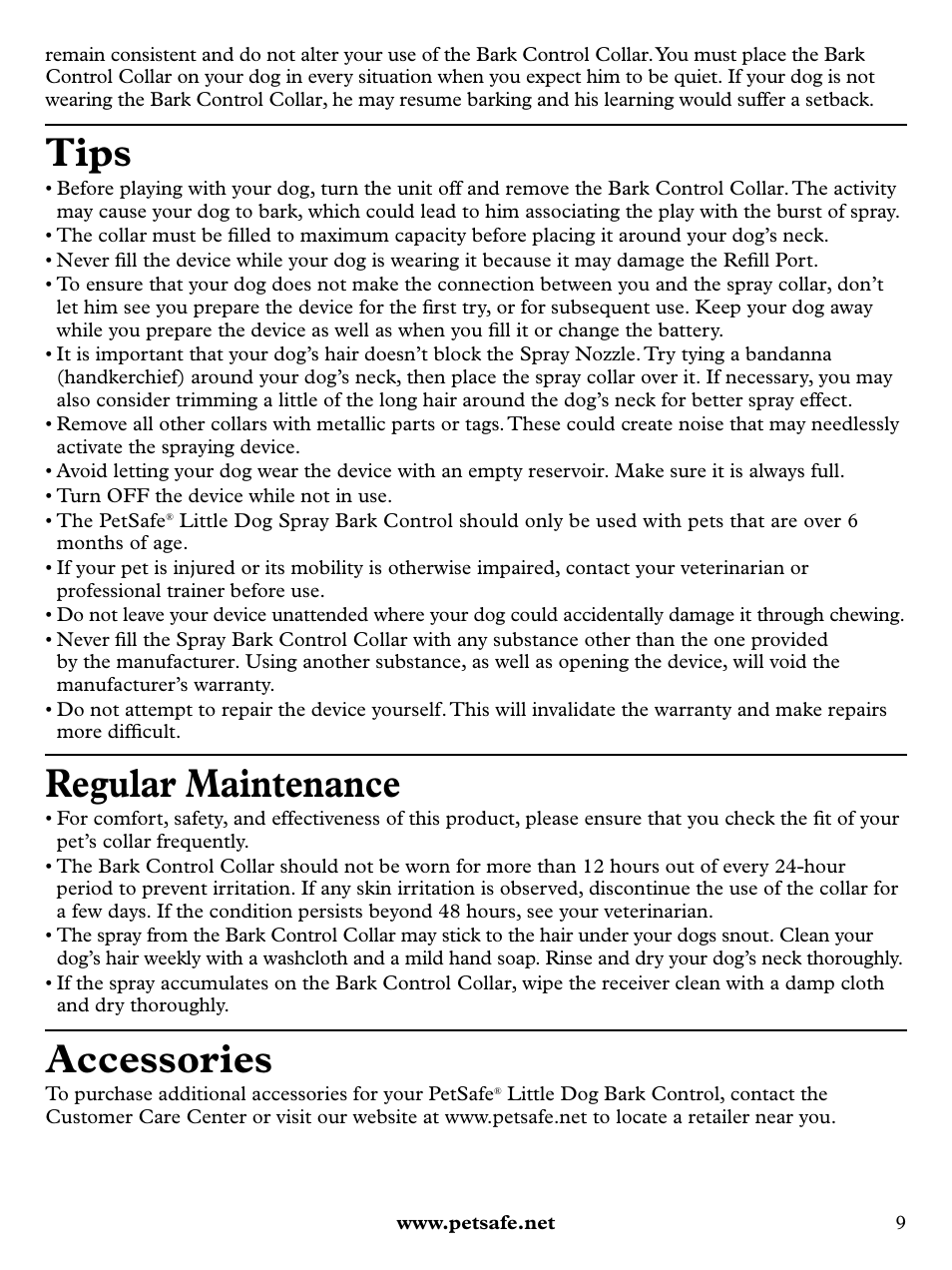 Tips, Regular maintenance, Accessories | Petsafe Deluxe Little Dog Spray Bark Control User Manual | Page 9 / 12