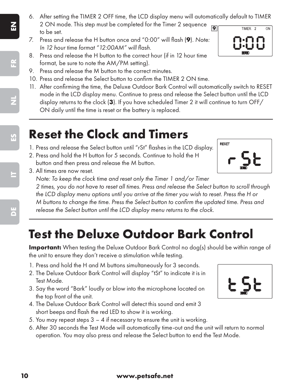 Reset the clock and timers, Test the deluxe outdoor bark control | Petsafe Deluxe Outdoor Bark Control User Manual | Page 10 / 80