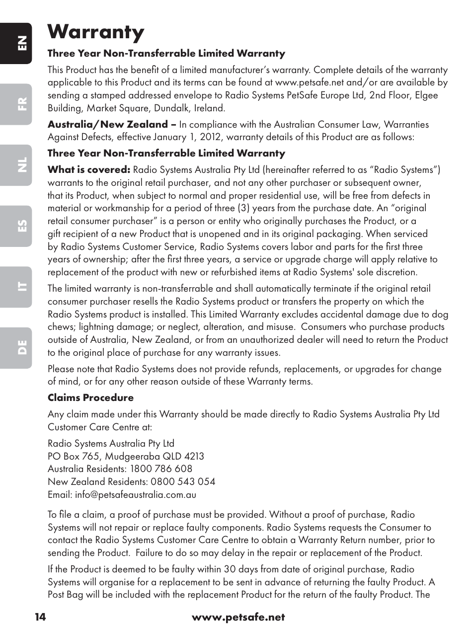 Warranty | Petsafe Deluxe Outdoor Bark Control User Manual | Page 14 / 80